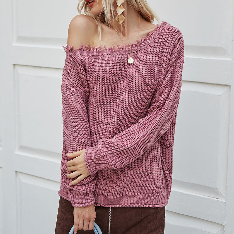 Chunky Knit Loose Fit Off Shoulder Pullover Sweater with Distressed Detail