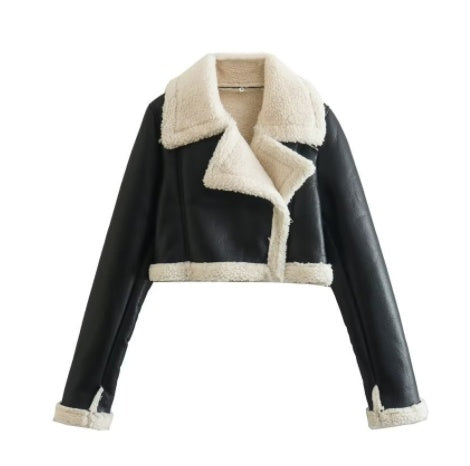 Chic Faux Leather Cropped Shearling Biker Jacket