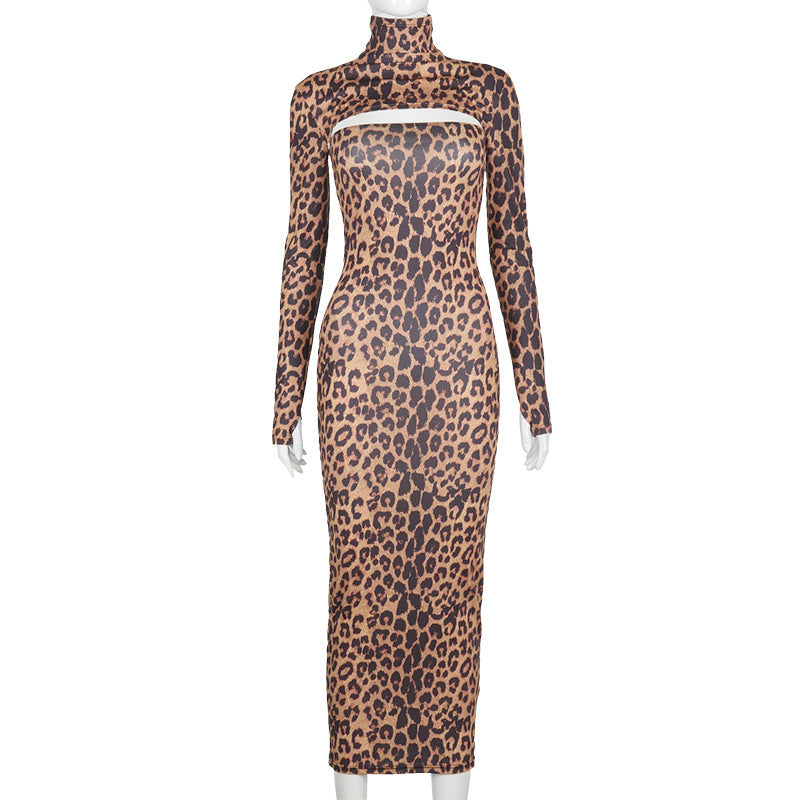 Chic Long Sleeve High Neck Cut Out Leopard Print Bodycon Midi Dress