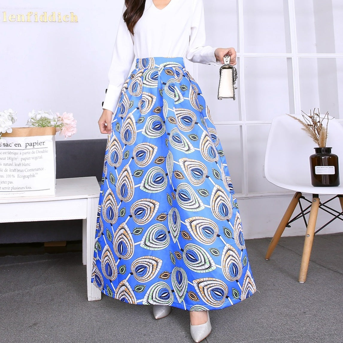 Vibrant Bohemian Print Pleated Long Maxi Skirt with Pockets