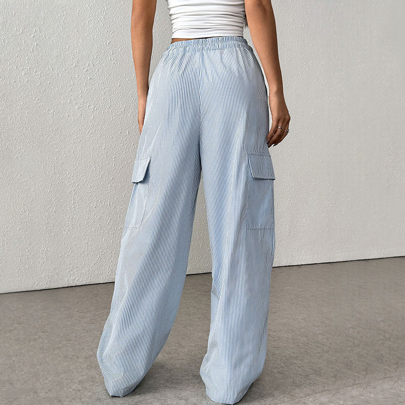 Comfortable Striped High Waist Wide Leg Cargo Trousers