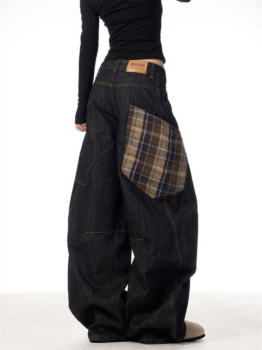 Retro Plaid Patch Wide-Leg Jeans for Women