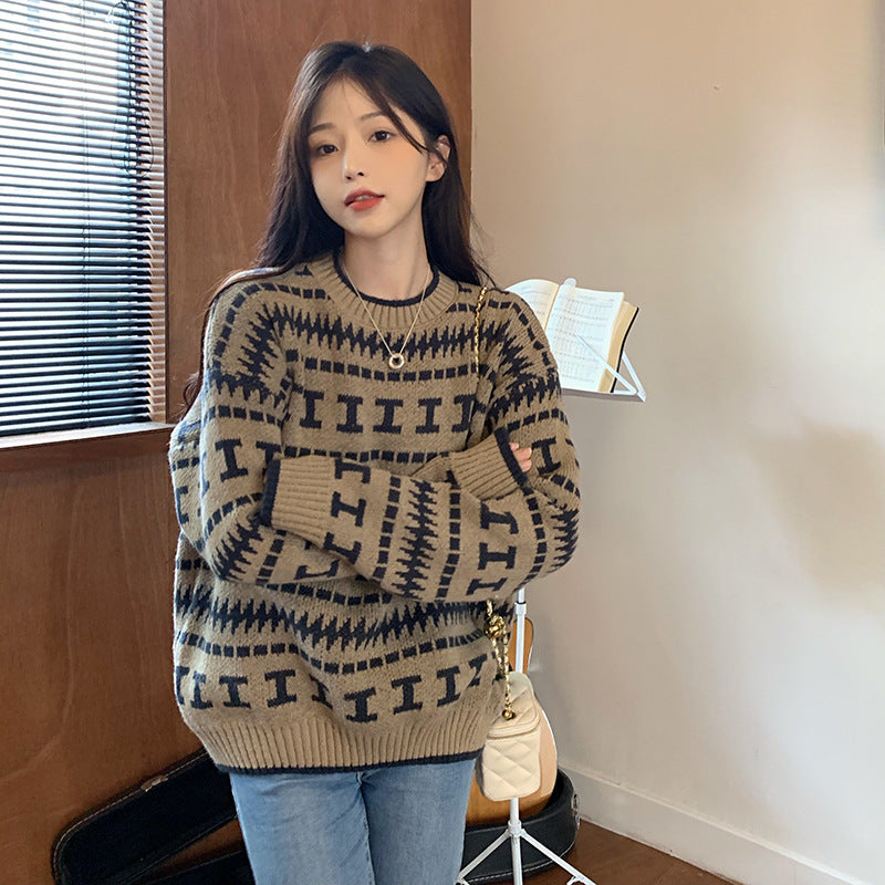 Retro Geometric Pattern Drop Shoulder Knit Pullover Sweater Long Sleeve Cozy
