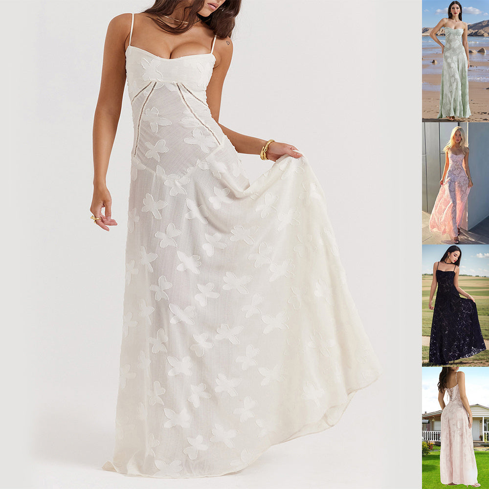 Elegant Floral Lace Maxi Dress with Suspender & Tie-Back Detail