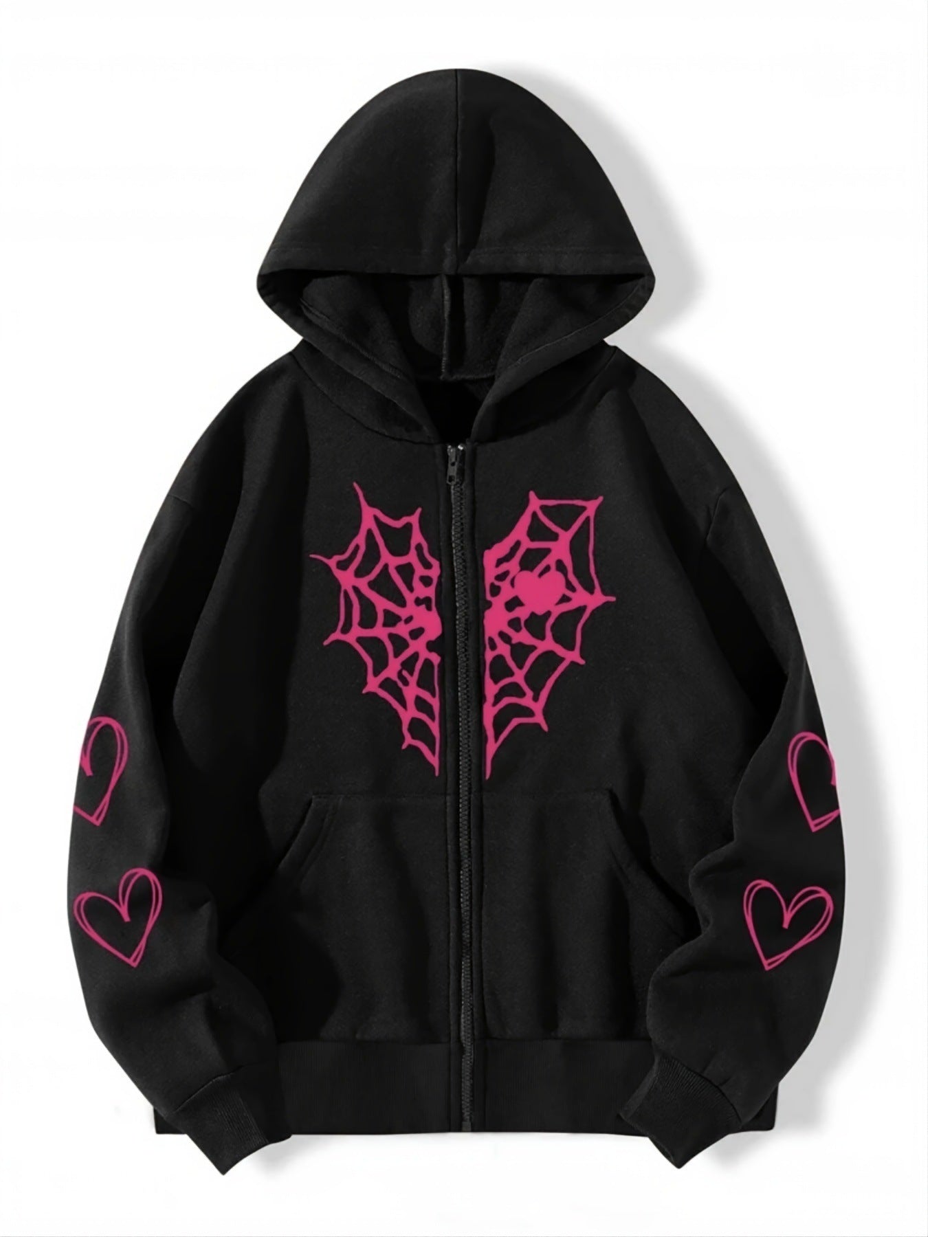 Edgy Spider Web Heart Print Oversized Full Zip Up Hoodie Sweatshirt