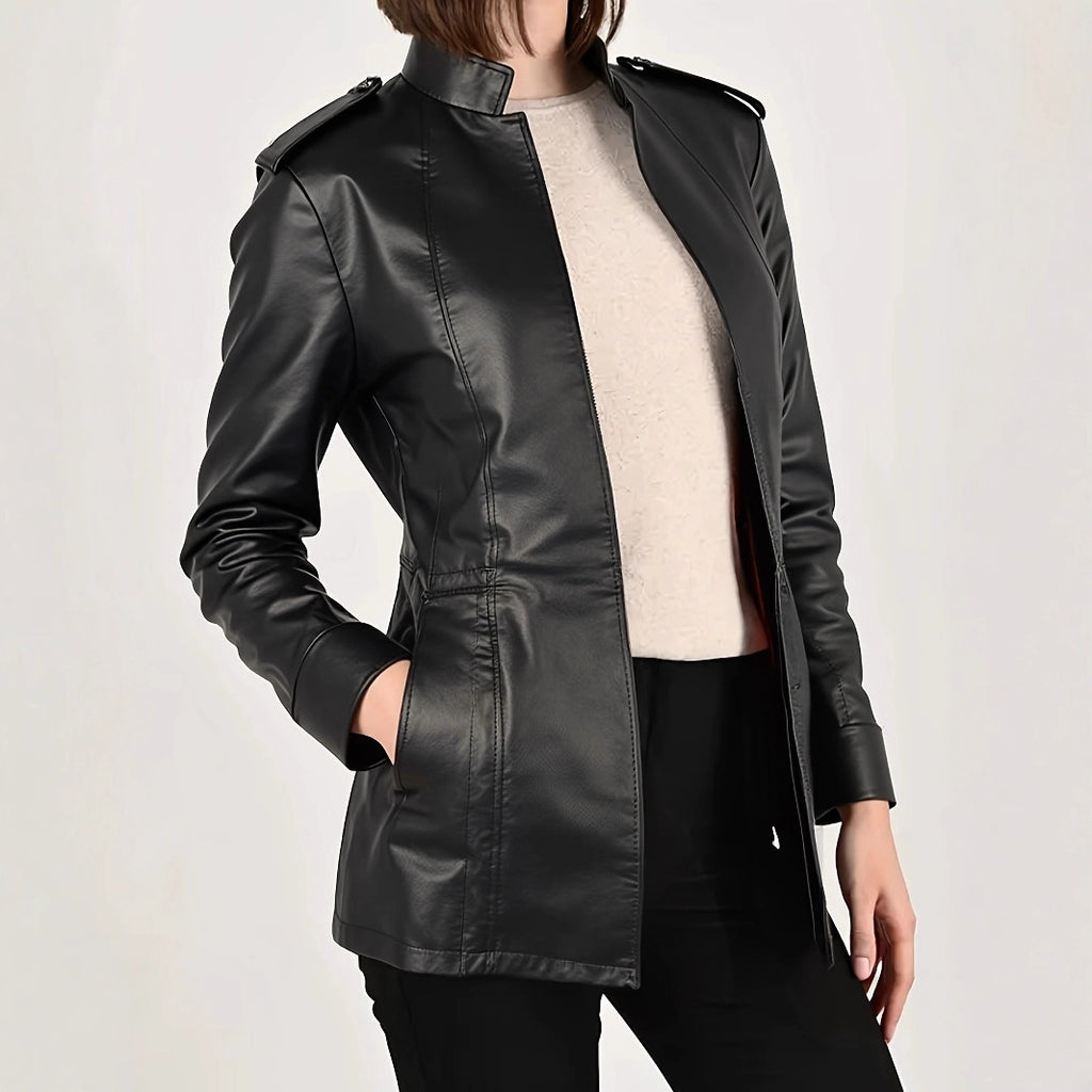 Distressed Faux Leather Stand Collar Long Sleeve Fashion Jacket