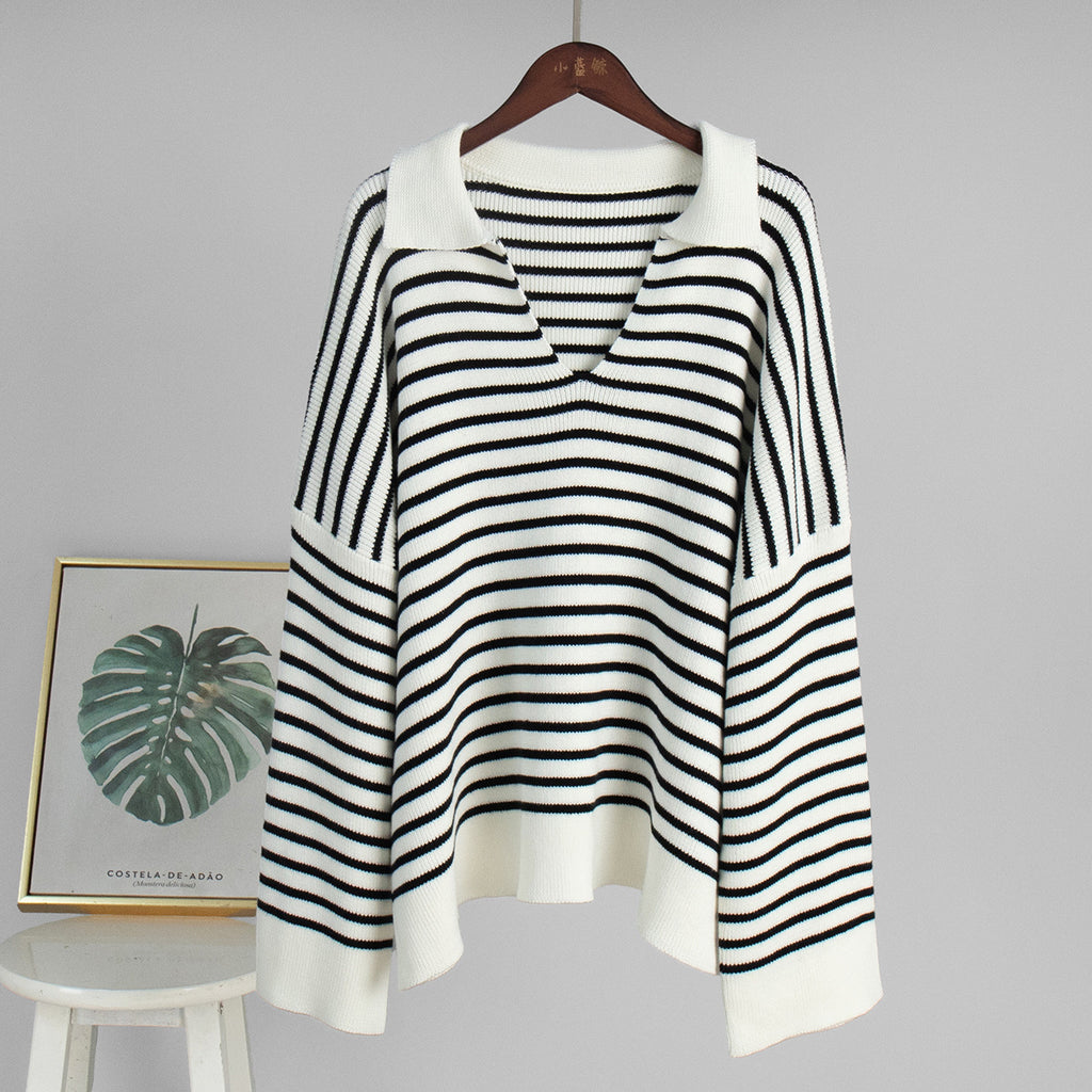 Classic Striped Loose Fit Knit Pullover Sweater with Collar
