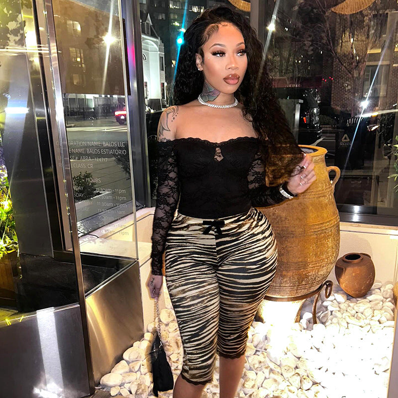 Stylish Lace Trim Leopard Print Cropped Leggings