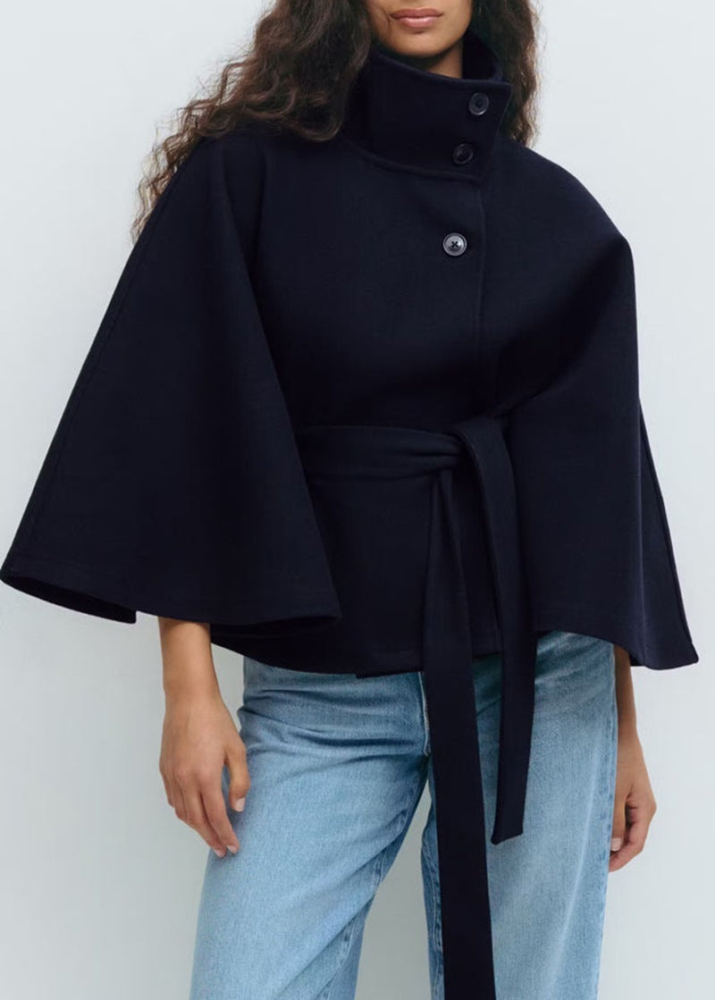 Elegant High Neck Batwing Sleeve Winter Coat with Belt
