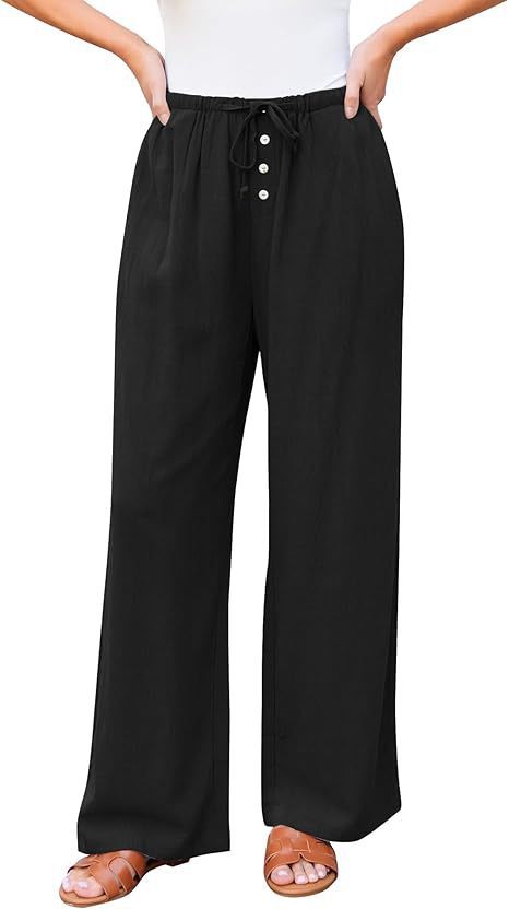 Women's High Waist Wide Leg Cotton Pants with Drawstring