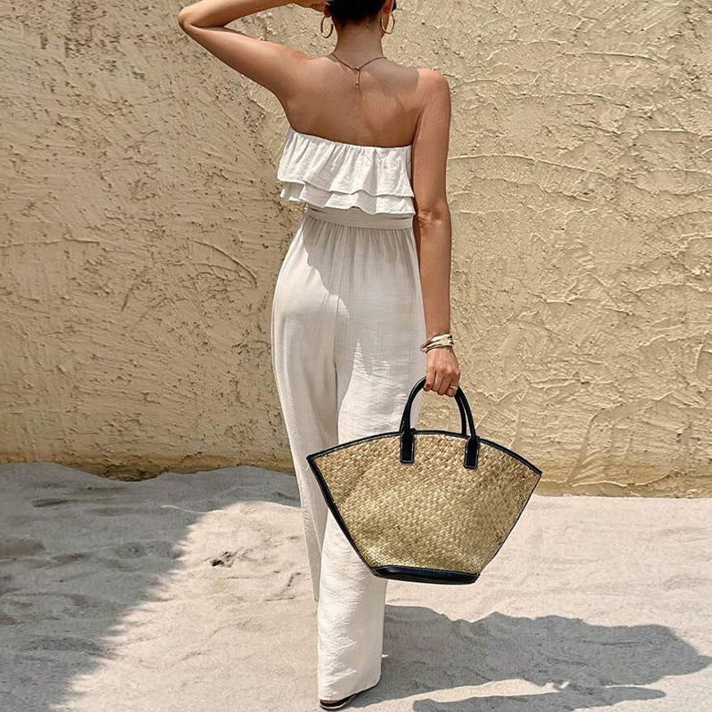 Effortless Ruffled Tube Top Jumpsuit with Tie Waist Wide Leg Design for Summer