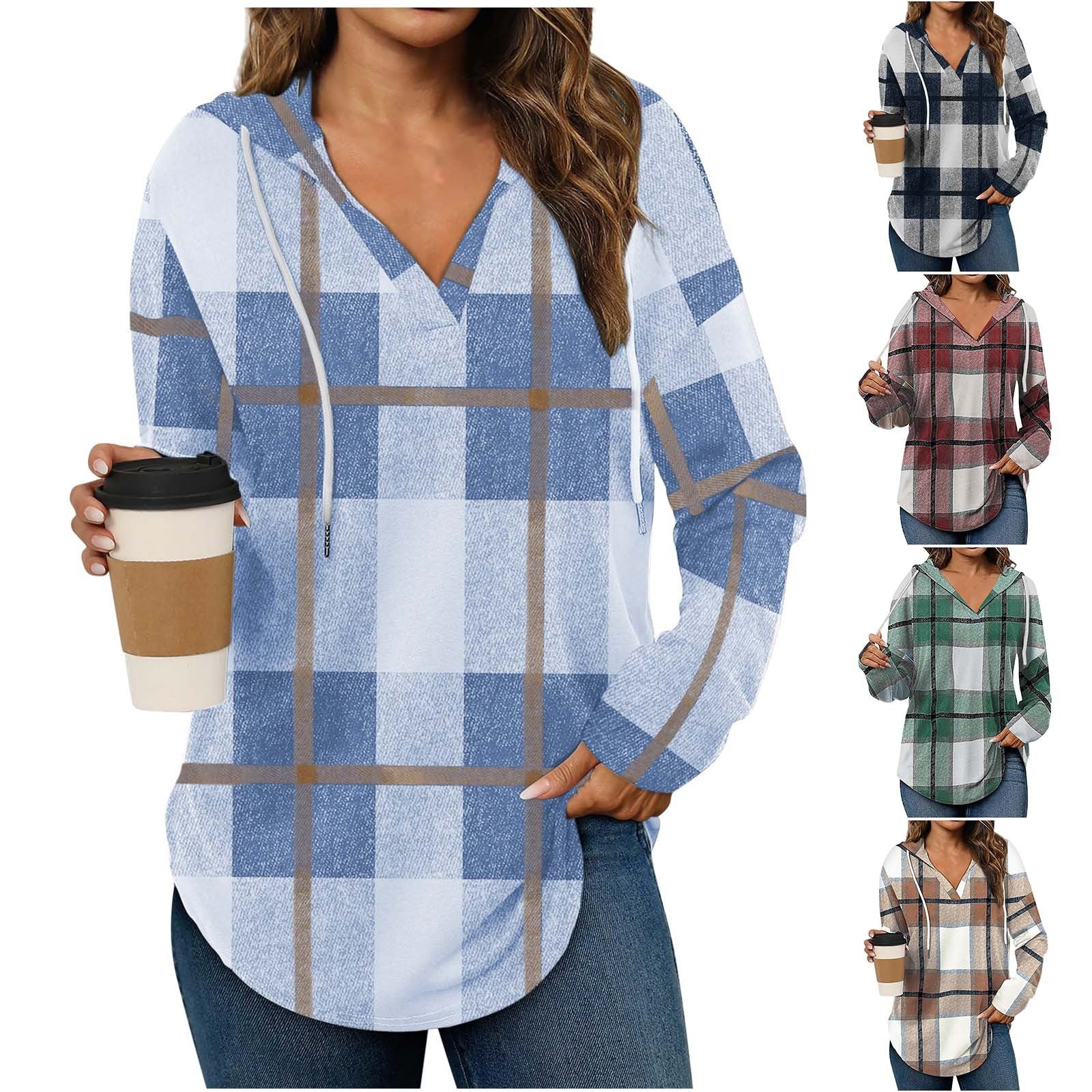 Casual Plaid Long Sleeve Hooded Pullover with Adjustable V-Neck Drawstring