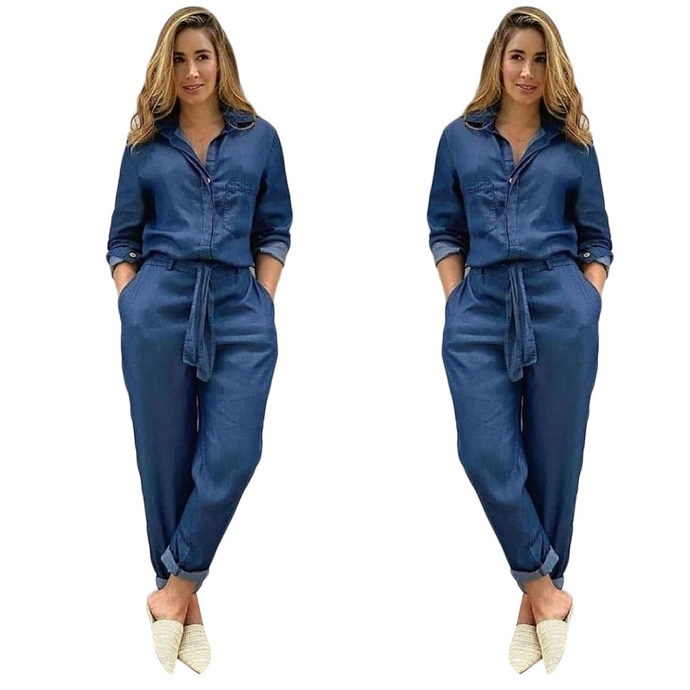 Chic Denim Jumpsuit with Belt - Casual Women's One-Piece Outfit