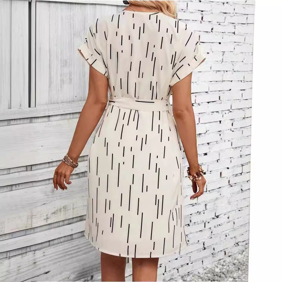 Women's Slotted Neckline Batwing Sleeve Printed Belted A-Line Dress