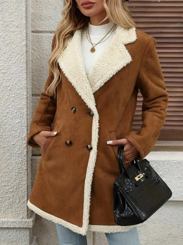 Cozy Faux Suede Sherpa Lined Double Breasted Mid Length Winter Coat