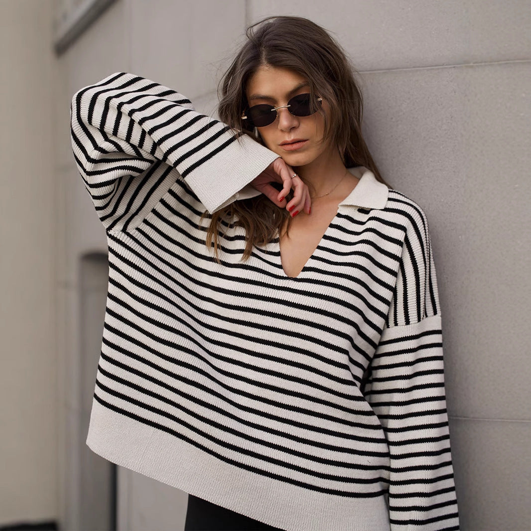 Classic Striped Loose Fit Knit Pullover Sweater with Collar