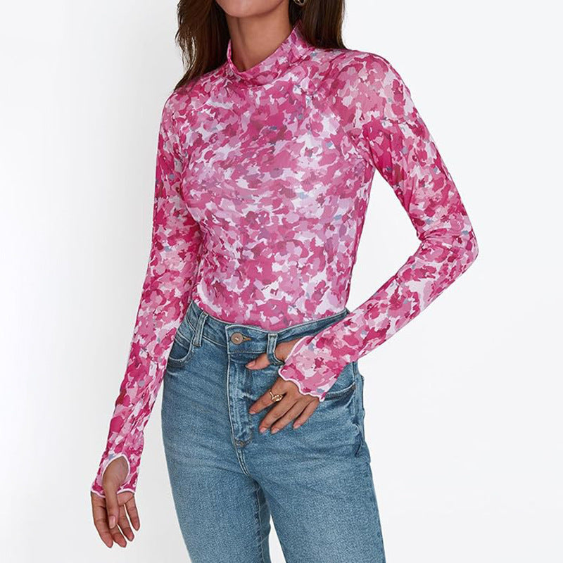 Elegant Floral Print Mesh Long Sleeve Crew Neck Top