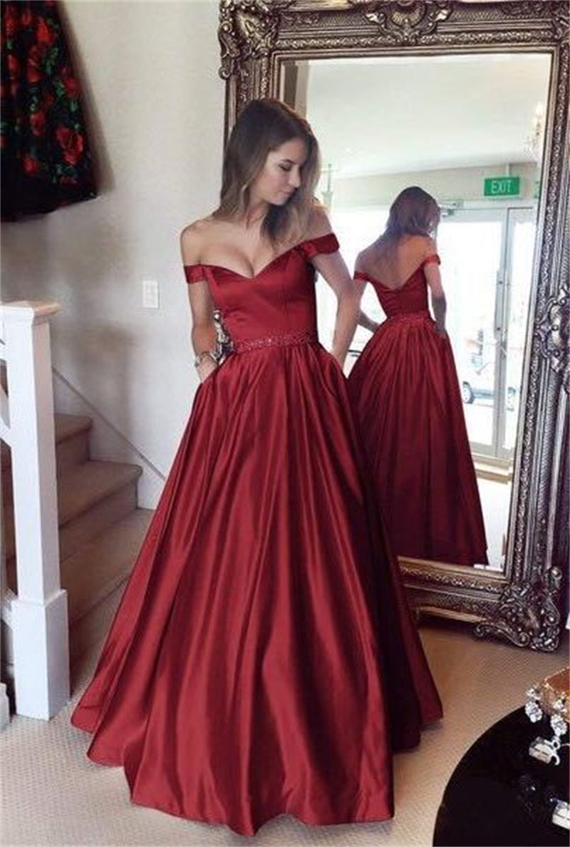 Elegant Off-Shoulder A-Line Evening Gown with Pockets for Women