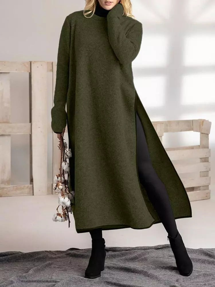 Relaxed Fit Long Sleeve Knit Maxi Dress with Side Slits