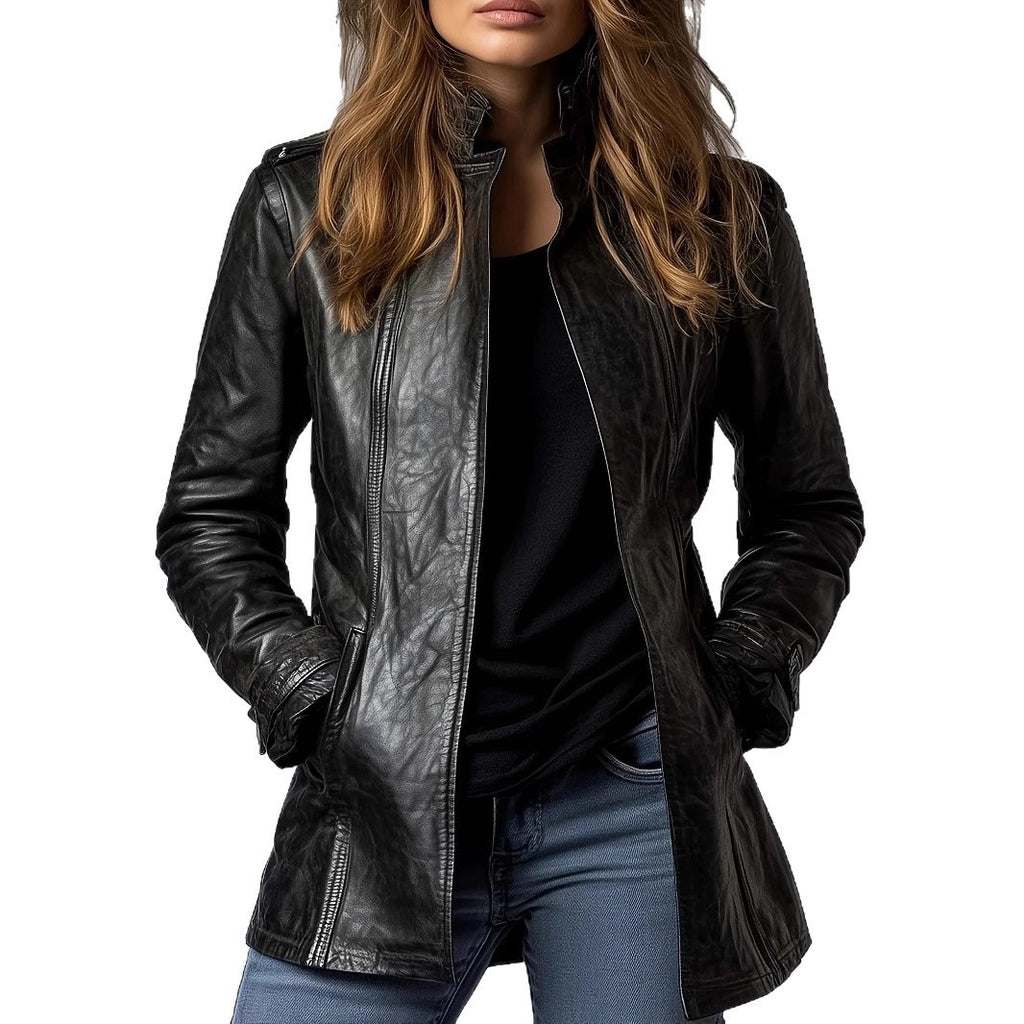 Distressed Faux Leather Stand Collar Long Sleeve Fashion Jacket