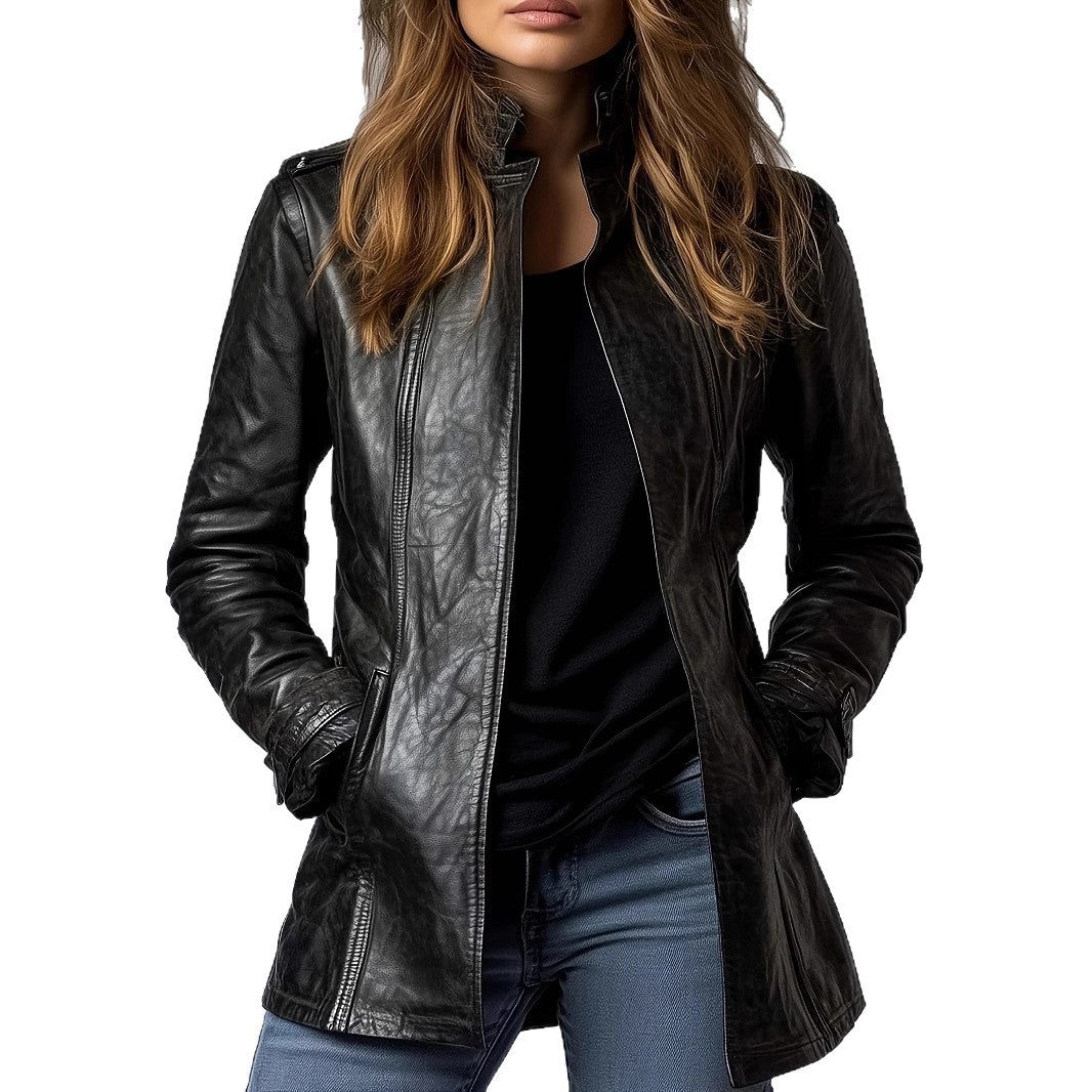 Distressed Faux Leather Stand Collar Long Sleeve Fashion Jacket