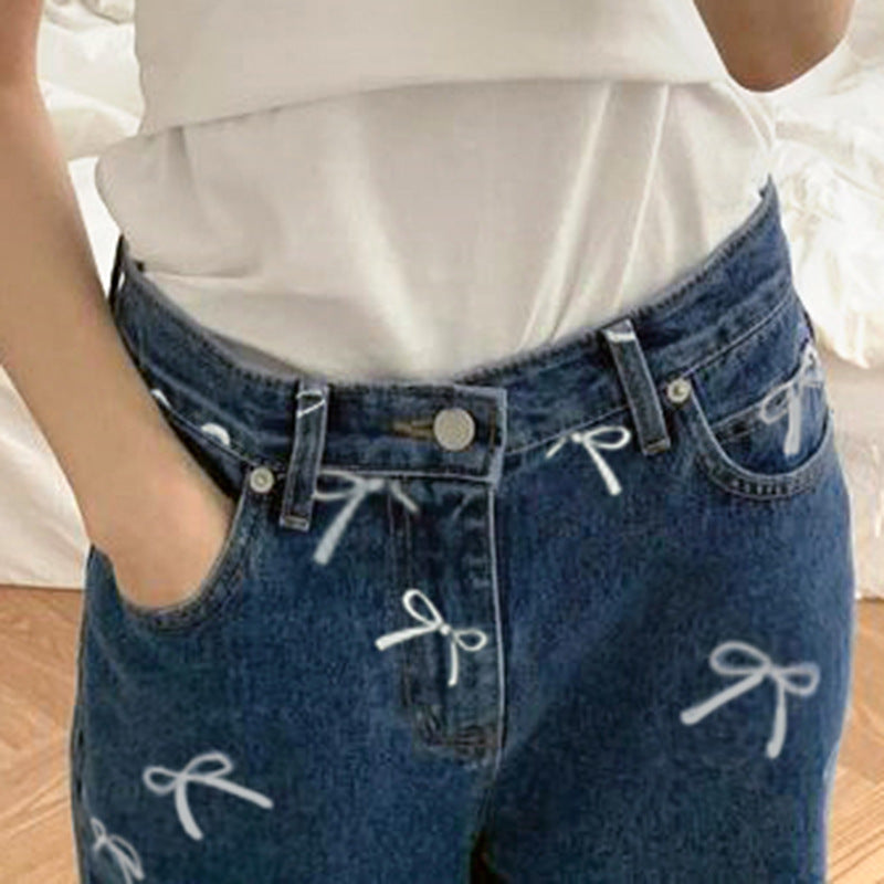 Cute Bow Print Baggy Jeans - Trendy Denim Chic