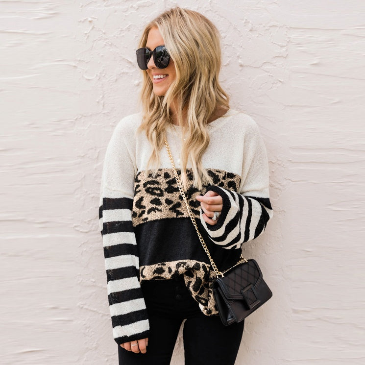 Cozy Round Neck Leopard Print and Stripe Long Sleeve Pullover Sweater