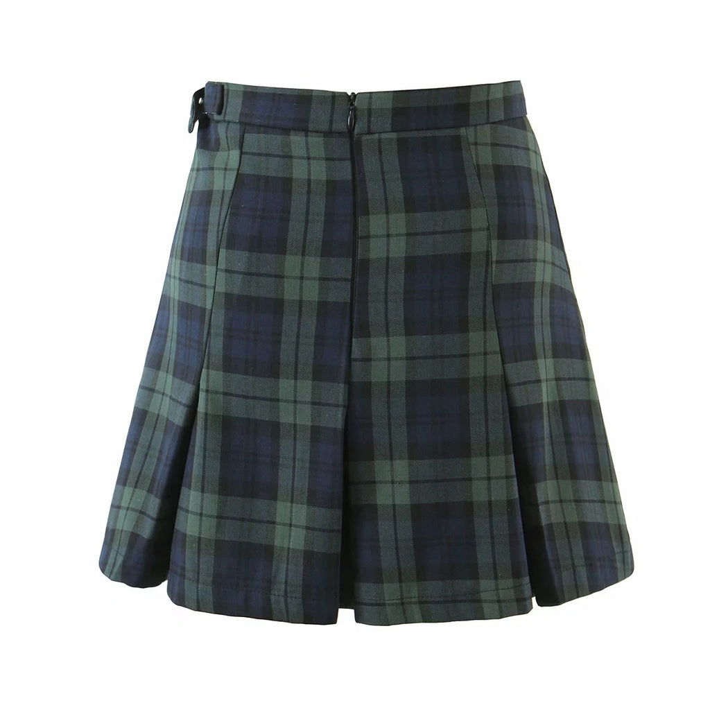 Classic Green Plaid Pleated Mini Skirt British College Style