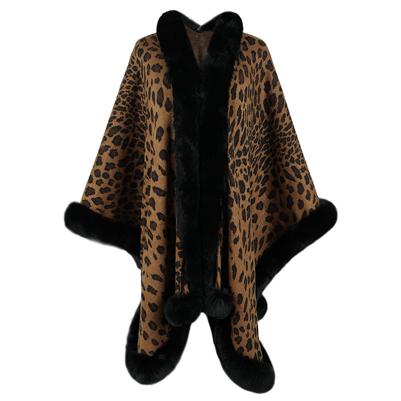 Cozy Leopard Print Faux Fur Trim Autumn Winter Kimono Style Cape Cardigan
