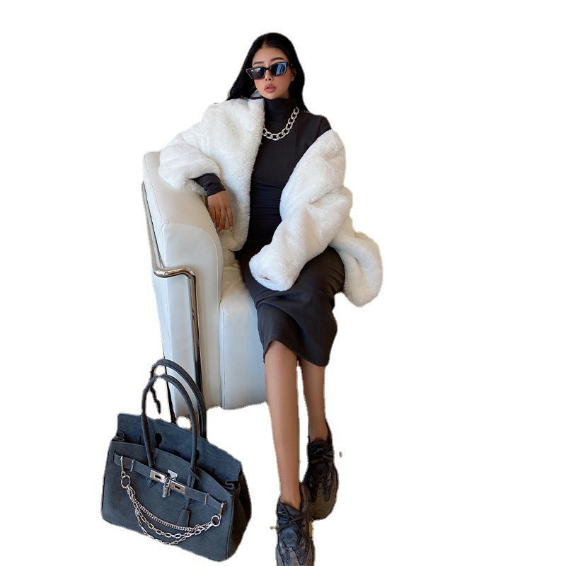 Luxurious Oversized White Faux Fur Winter Coat with Elegant Lapel Collar