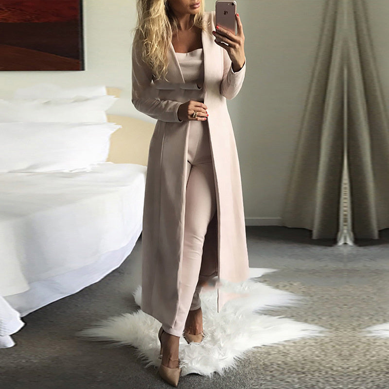 Elegant Women's 3-Piece Duster Coat, Crop Top & Pants Matching Set