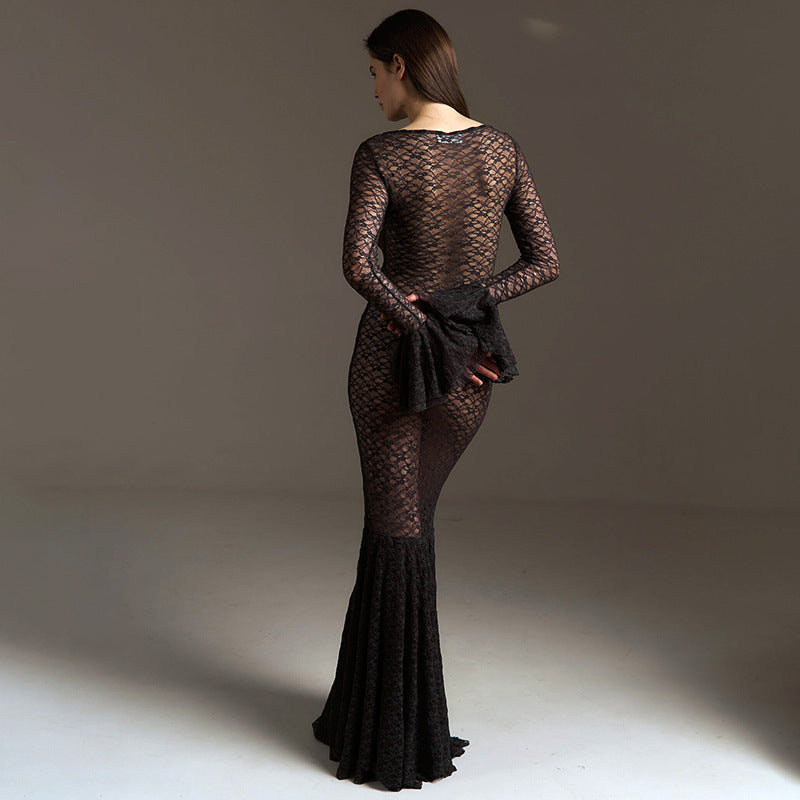 Women's Lace Fishtail Gown - Sexy See-Through Bodycon