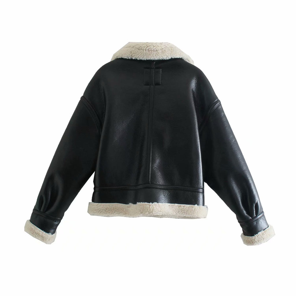 Chic Faux Leather Cropped Shearling Biker Jacket