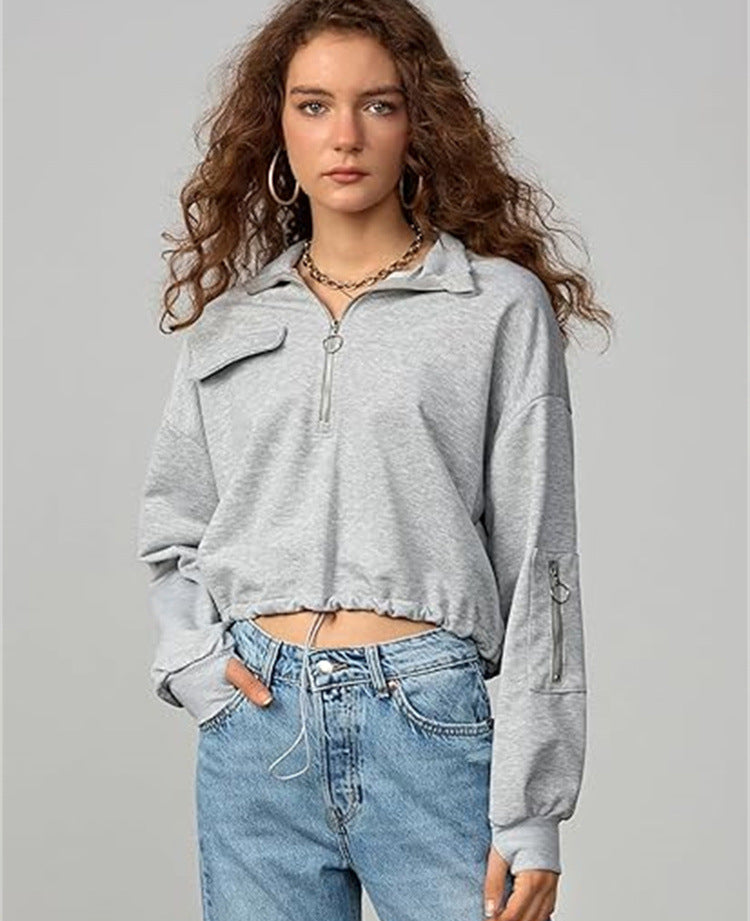 Comfortable Everyday Long Sleeve Cropped Half-Zip Sweatshirt