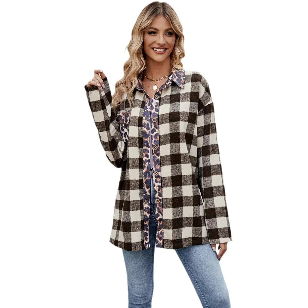 Stylish Oversized Plaid Long Sleeve Cardigan Shirt with Leopard Trim