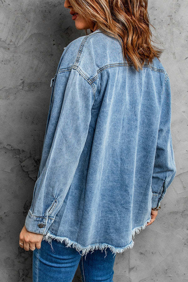 Effortless Everyday Loose Fit Denim Jacket with Raw Hem Detail