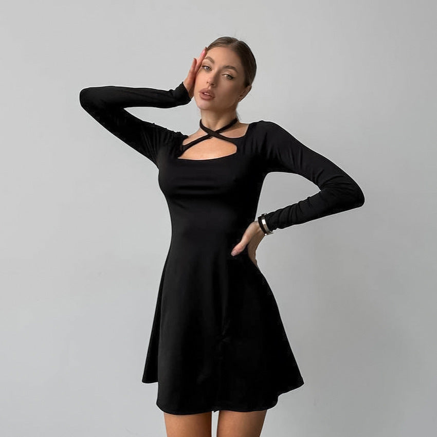 Chic Black Knitted Long Sleeve Mini Dress with Square Neckline and Lace Up Detail