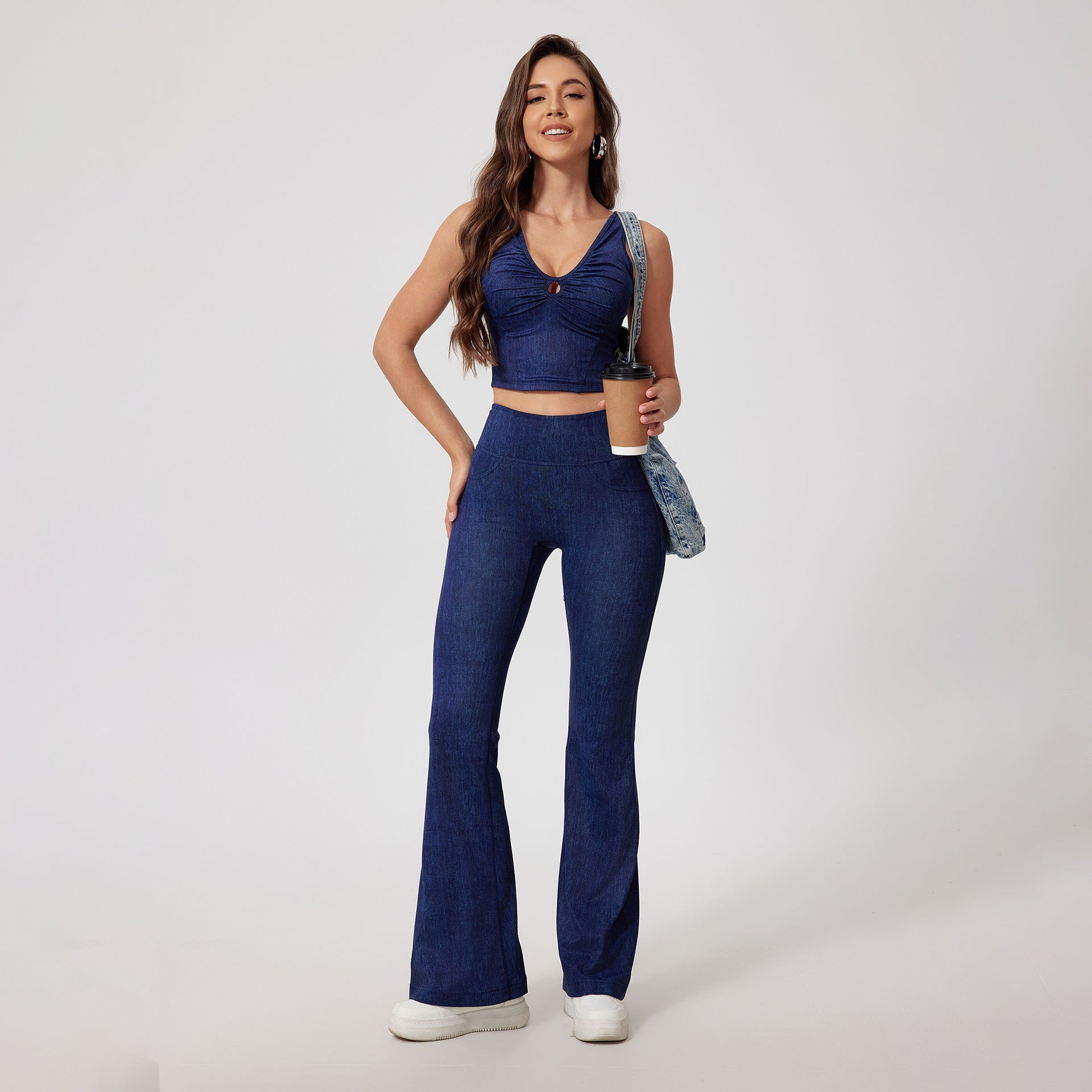 Ariana Vogue Seamless High-Waist Denim Print Flare Activewear Leggings