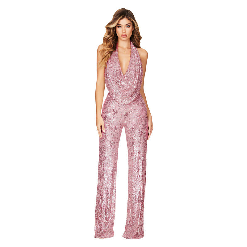 Sparkling Sequin Halter Neck Jumpsuit - Elegant Evening & Party Wear