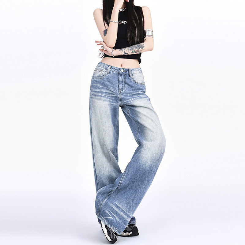 Washed-Out Denim Wide-Leg Jeans - Loose Fit Y2K Style