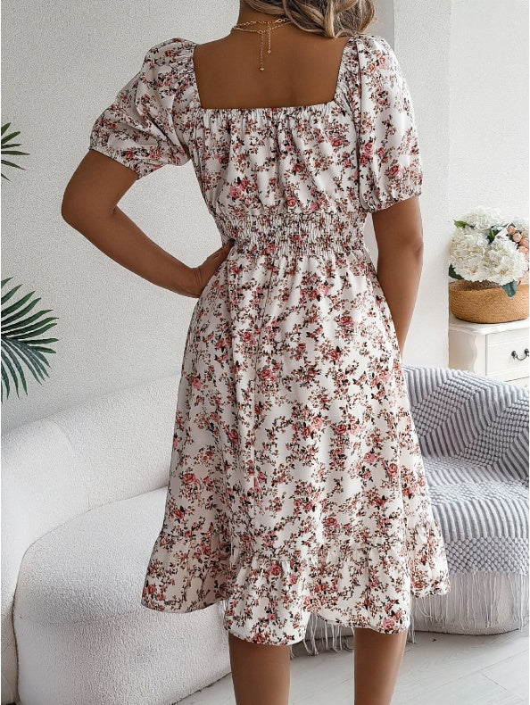 Effortless Spring Summer Casual Vacation Puff Sleeve Midi Dress with Ruffle Hem