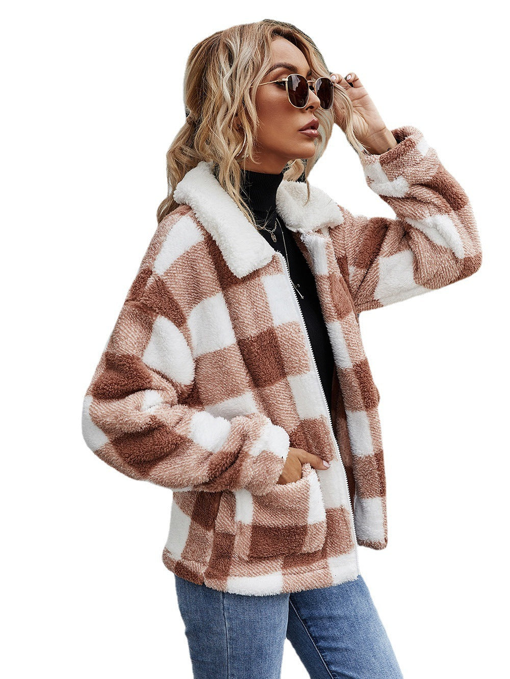 Cozy Warm Plaid Fleece Jacket with Plush Sherpa Collar for Autumn Winter Style