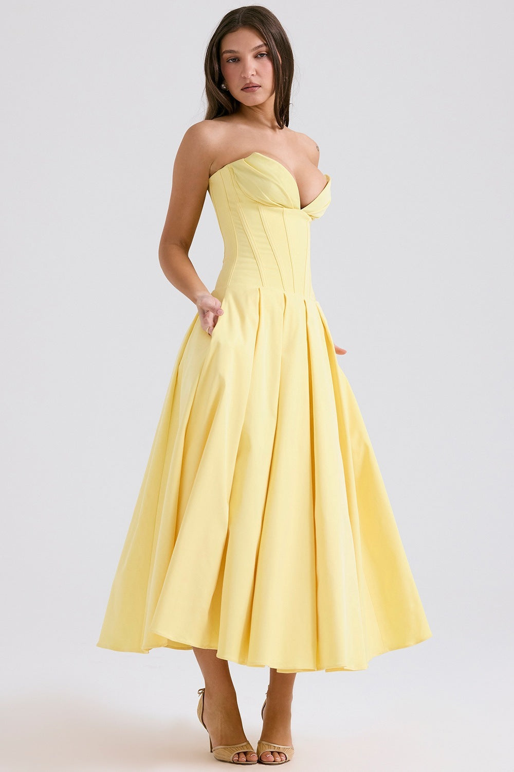 Elegant Strapless Corset Midi Dress - Evening & Party