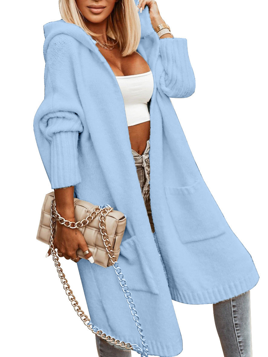 Stylish Women's Hooded Knit Trench Cardigan with Pockets - Casual Mid-Length