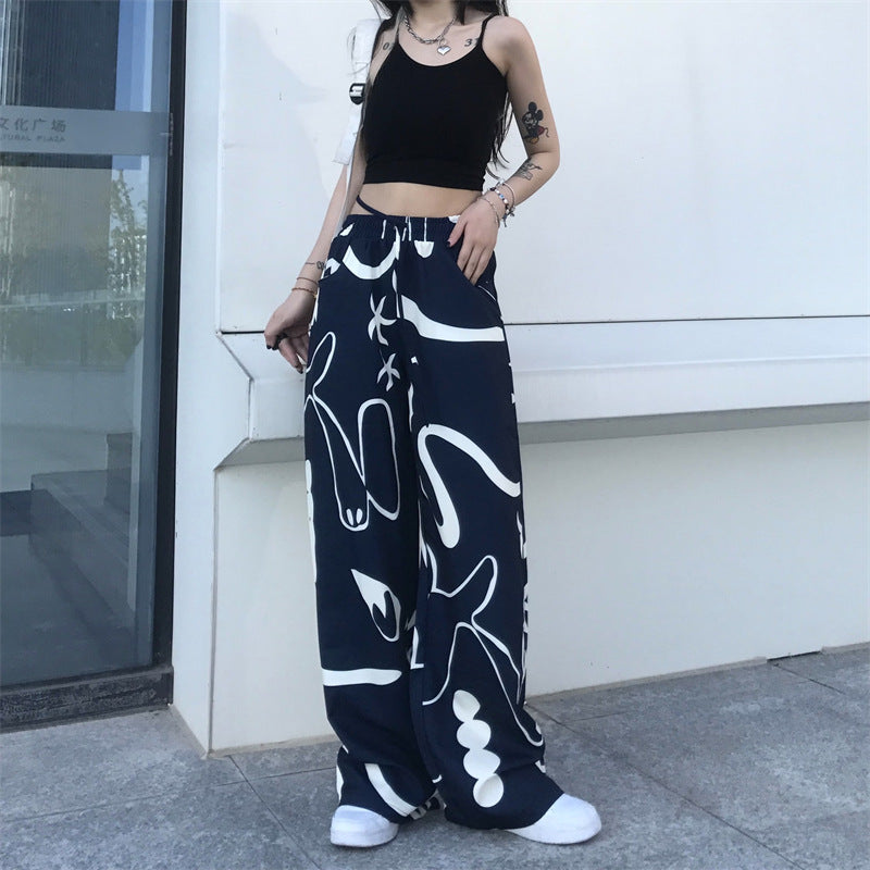 Vintage Graffiti Print Loose Wide-Leg Pants