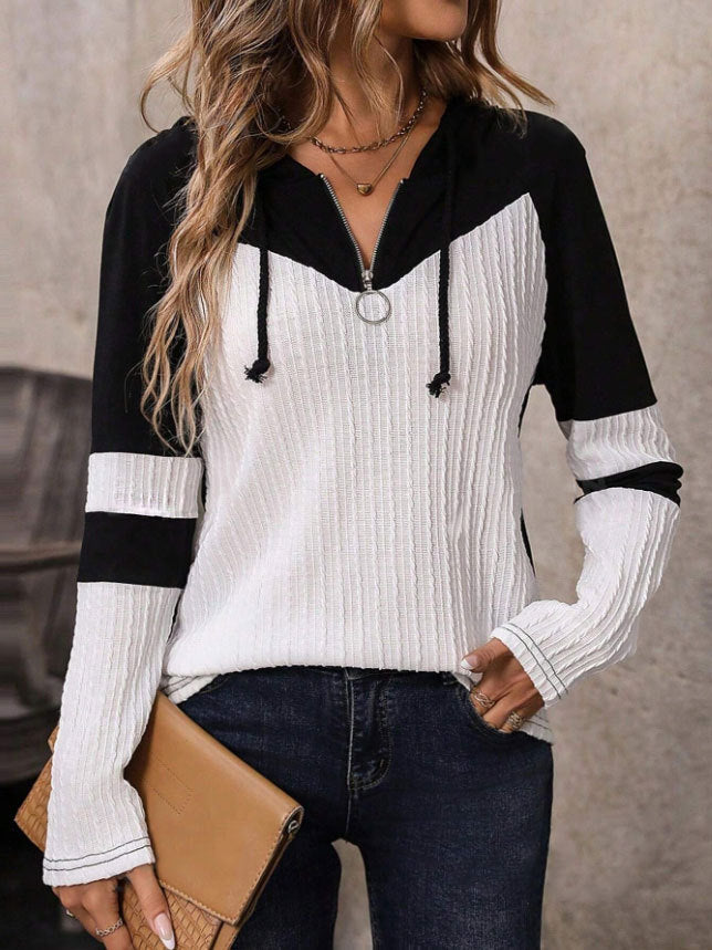Stylish Contrast Block Ribbed Knit Half Zip Hoodie Long Sleeve Casual Top