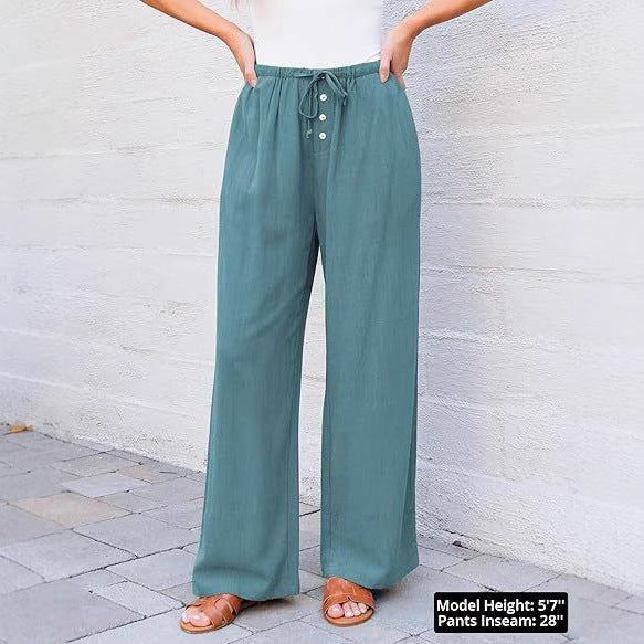 Women's High Waist Wide Leg Cotton Pants with Drawstring