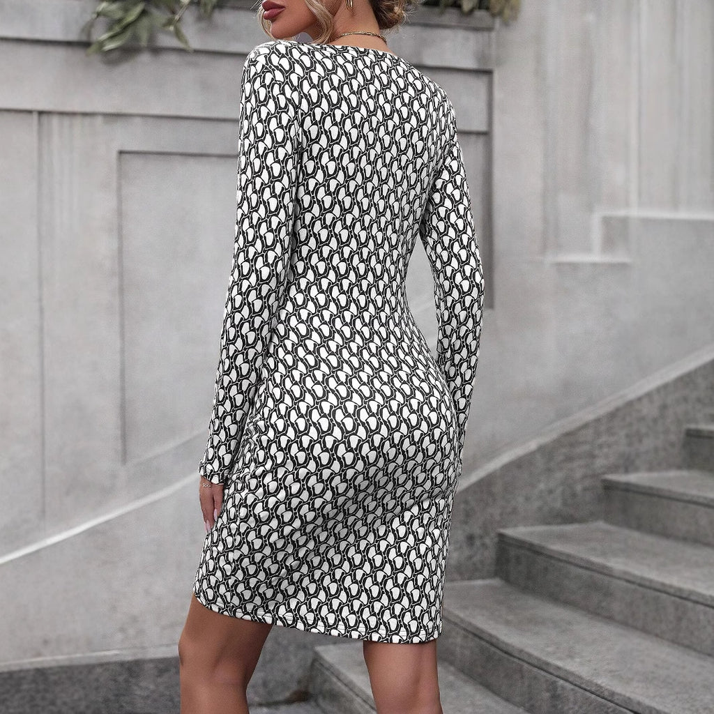 Chic V Neck Long Sleeve Hip Wrapped Mini Dress for Women