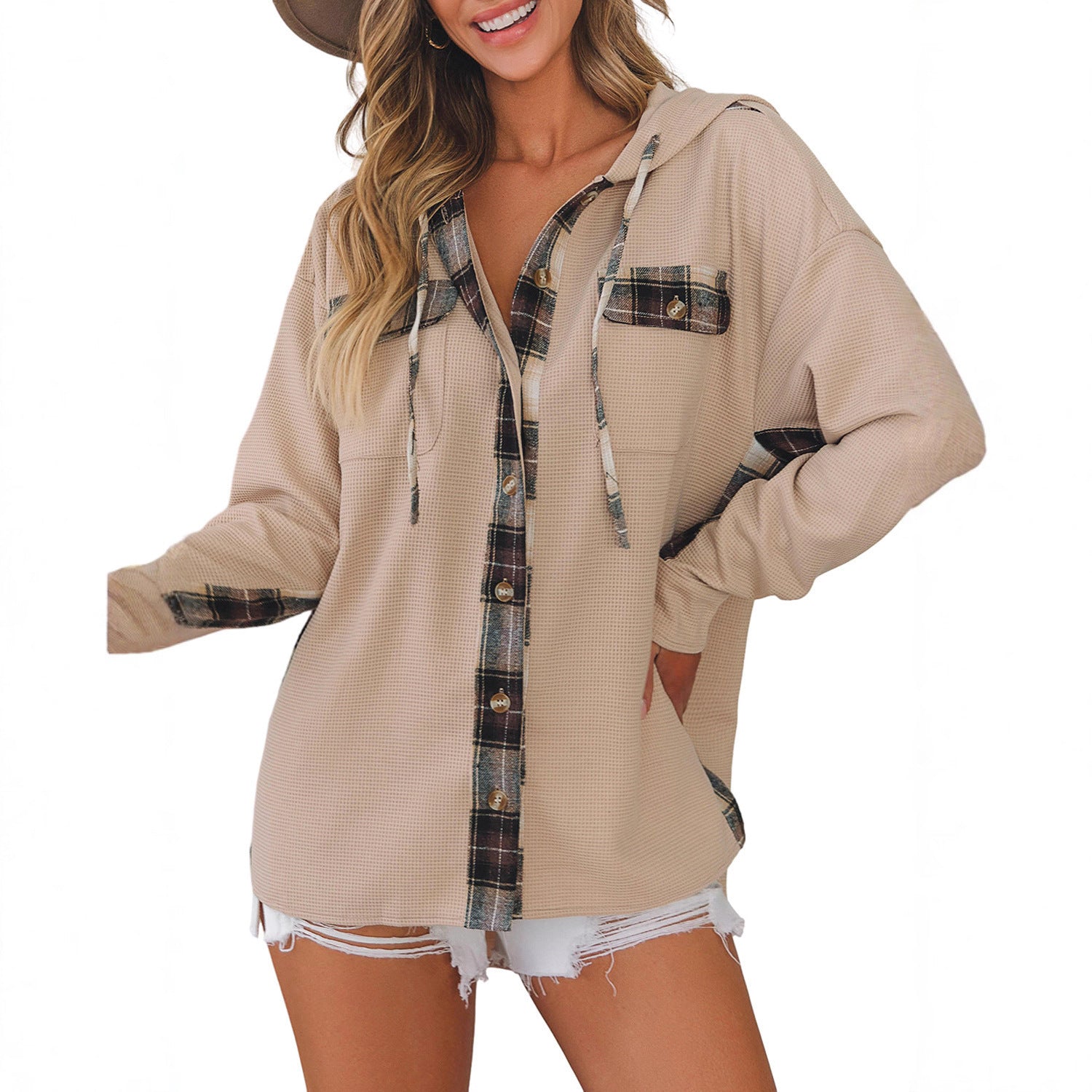 Effortless Plaid Hooded Waffle Knit Shacket for Casual Style