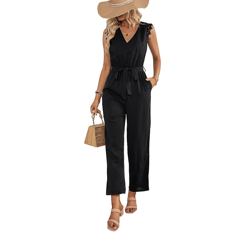 Elegant V-Neck Sleeveless Jumpsuit with Lace & Tie Waist